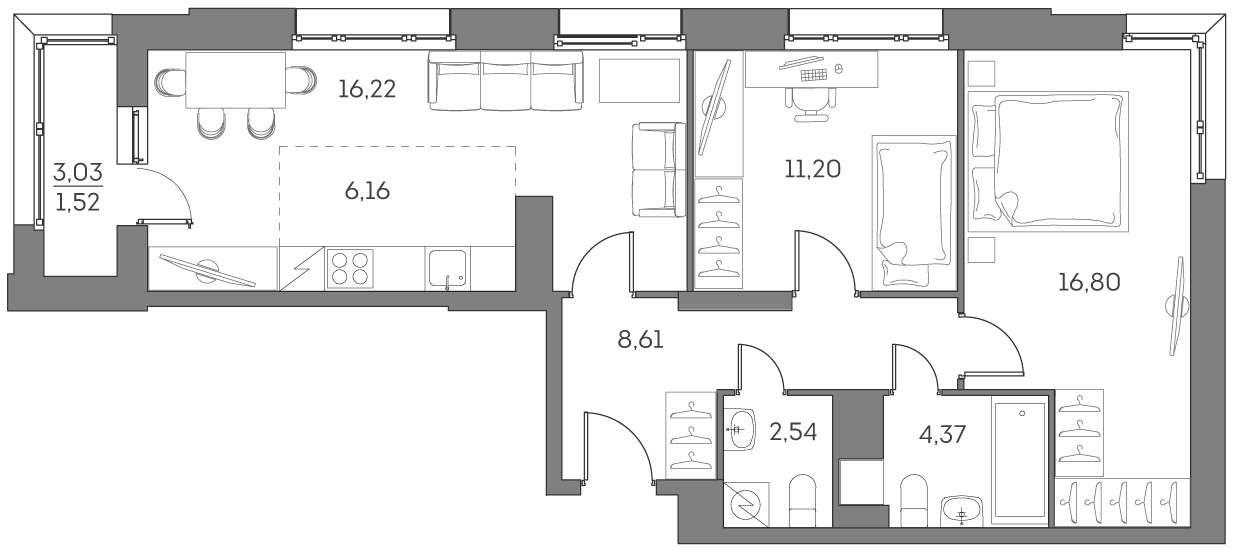 3 комн. квартира, 67.4 м², 3 этаж 
