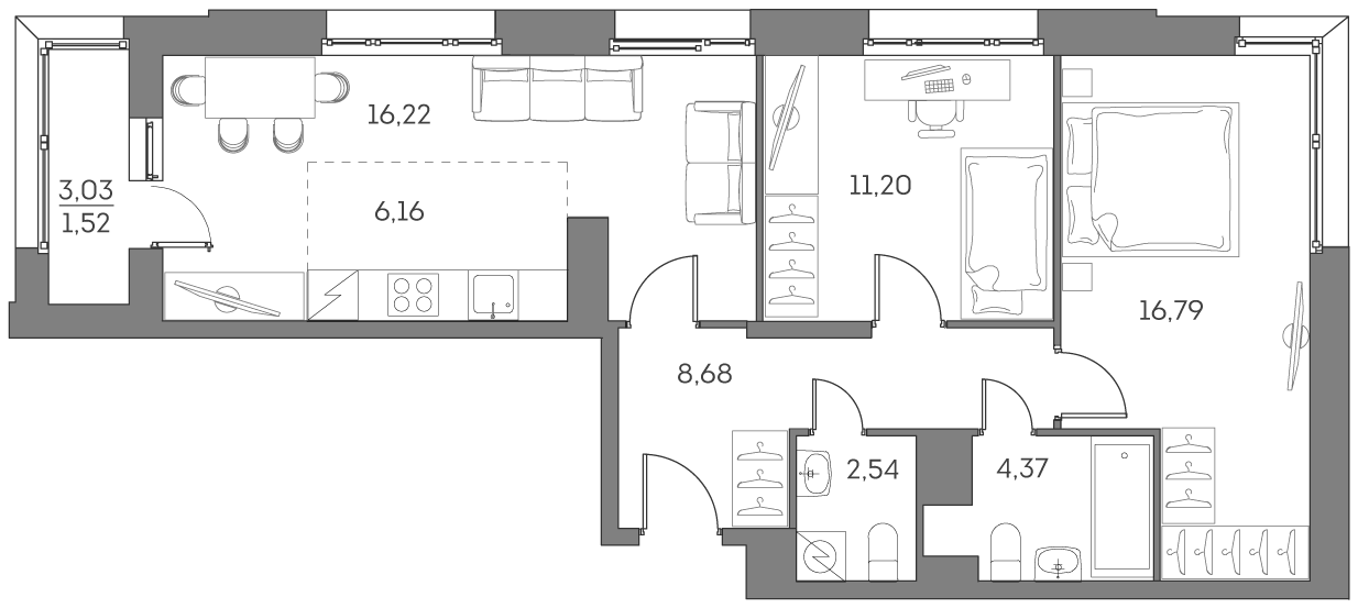 3 комн. квартира, 67.5 м², 13 этаж 