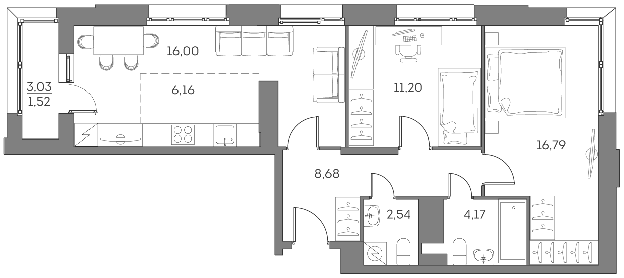 3 комн. квартира, 67.1 м², 24 этаж 