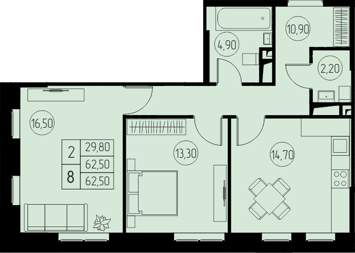 2 комн. квартира, 62.5 м², 10 этаж 