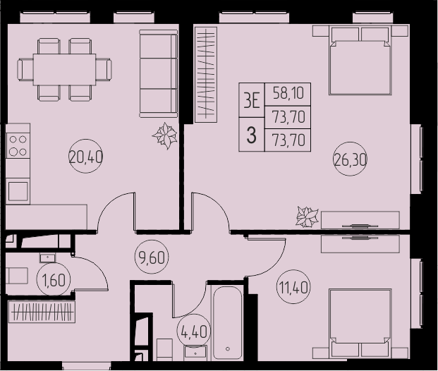 3 комн. квартира, 73.7 м², 12 этаж 