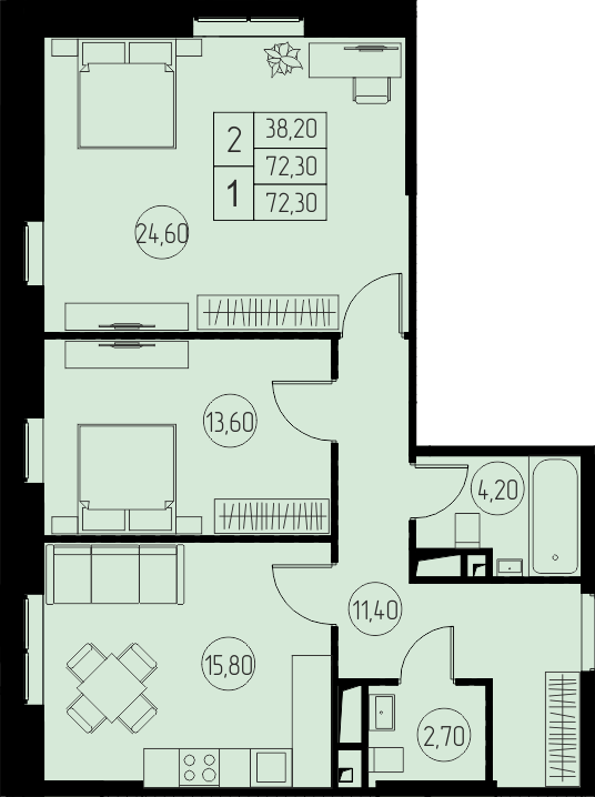 2 комн. квартира, 72.3 м², 13 этаж 