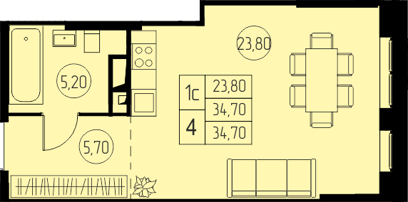 студия, 34.7 м², 13 этаж 