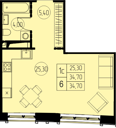 студия, 34.7 м², 17 этаж 