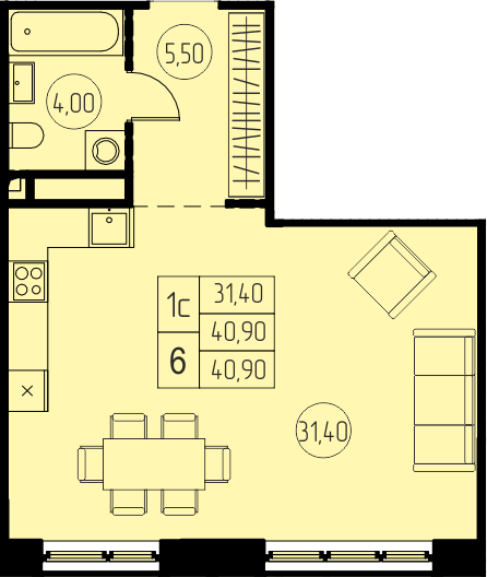студия, 40.9 м², 4 этаж 