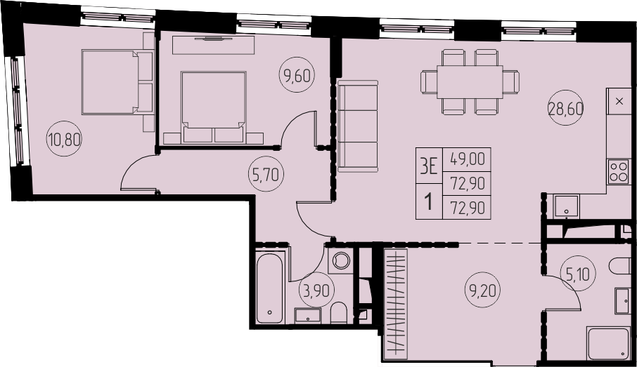 3 комн. квартира, 72.9 м², 16 этаж 
