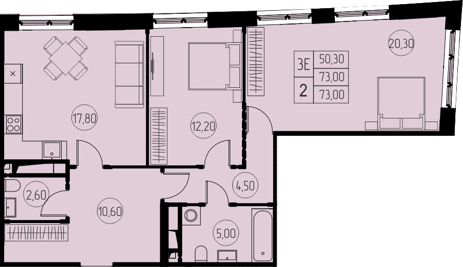 3 комн. квартира, 73 м², 16 этаж 