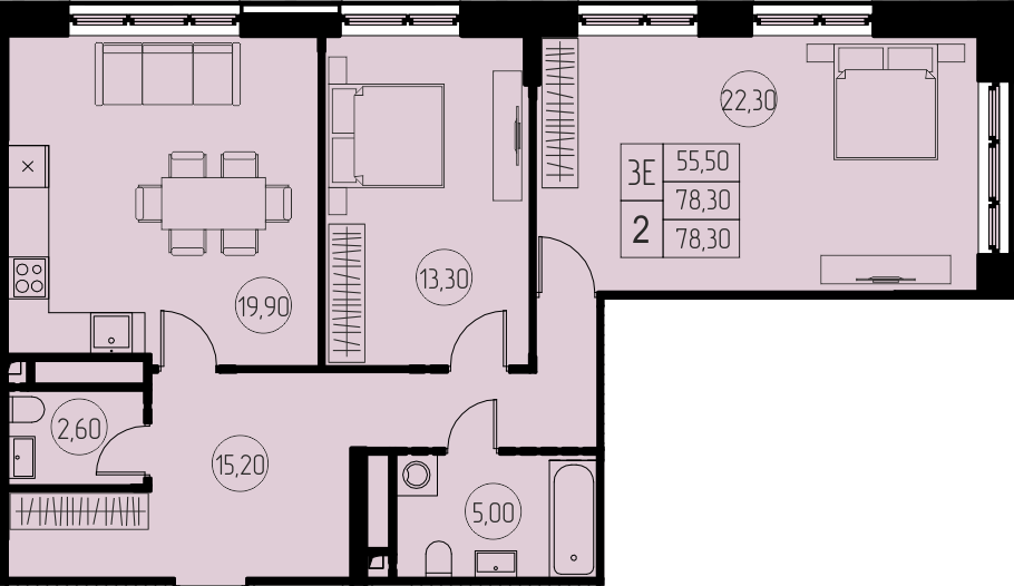 3 комн. квартира, 78.3 м², 15 этаж 