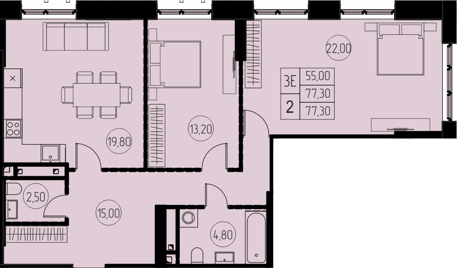 3 комн. квартира, 77.3 м², 11 этаж 