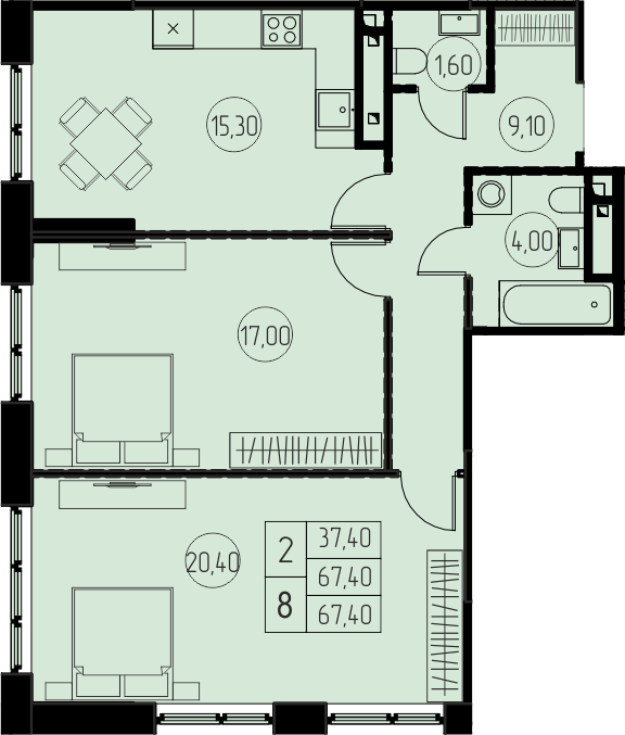 2 комн. квартира, 67.4 м², 4 этаж 