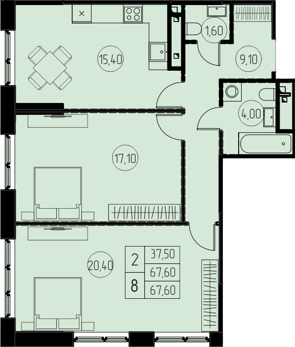 2 комн. квартира, 67.6 м², 13 этаж 