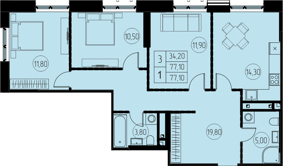 3 комн. квартира, 77.1 м², 3 этаж 