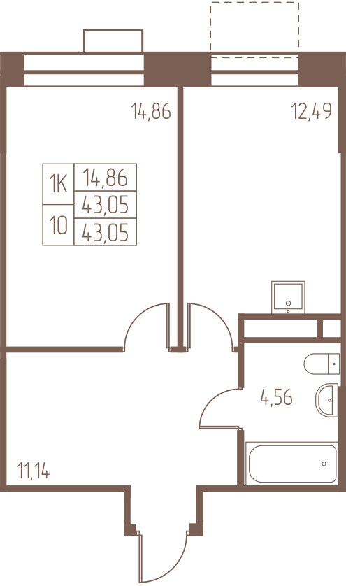 1 комн. квартира, 43 м², 6 этаж 