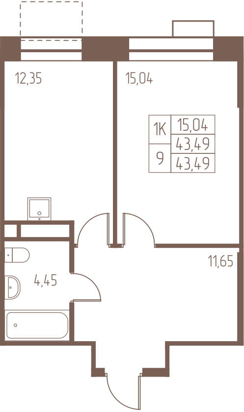 1 комн. квартира, 43.5 м², 5 этаж 