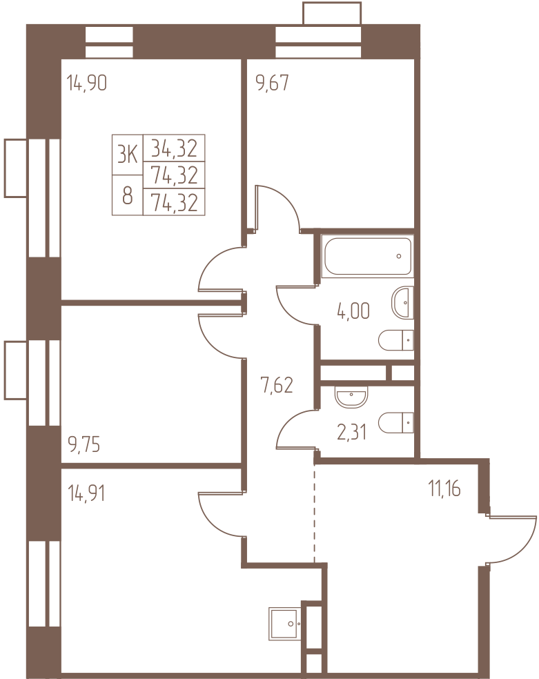 3 комн. квартира, 74.3 м², 24 этаж 