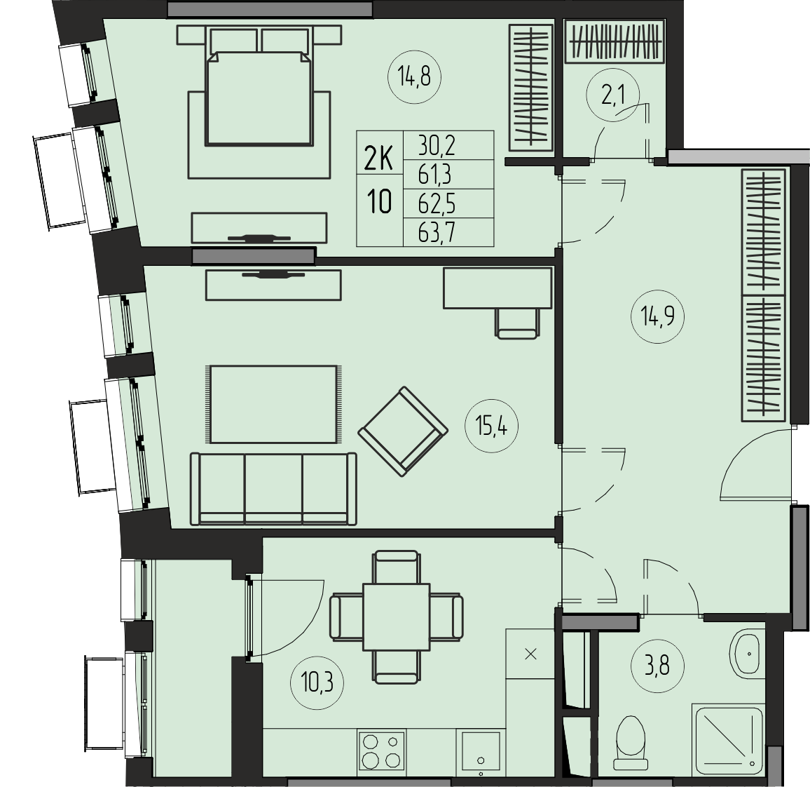 2 комн. квартира, 62.5 м², 11 этаж 