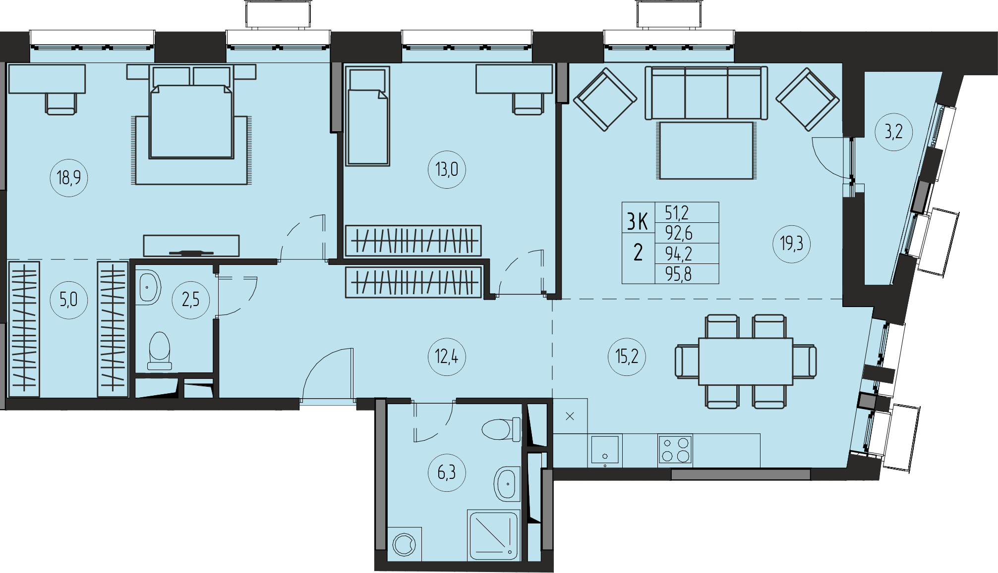 3 комн. квартира, 94.2 м², 20 этаж 