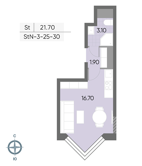студия, 21.7 м², 25 этаж 