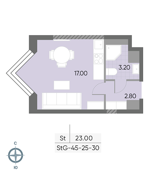 студия, 23 м², 30 этаж 
