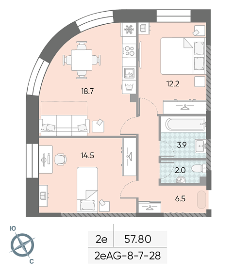 1 комн. квартира, 57.8 м², 15 этаж 