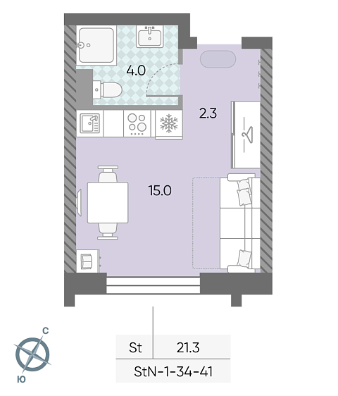студия, 21.3 м², 34 этаж 