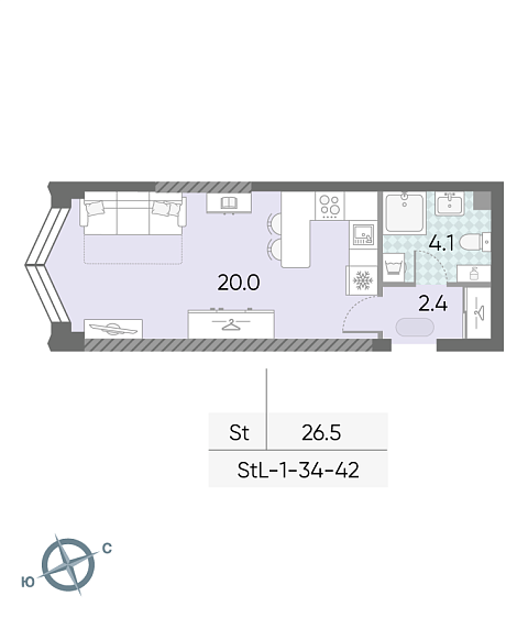 студия, 26.5 м², 35 этаж 