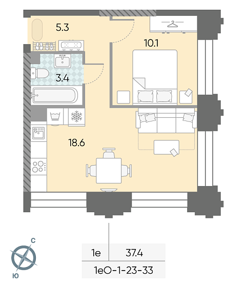 студия, 37.4 м², 28 этаж 