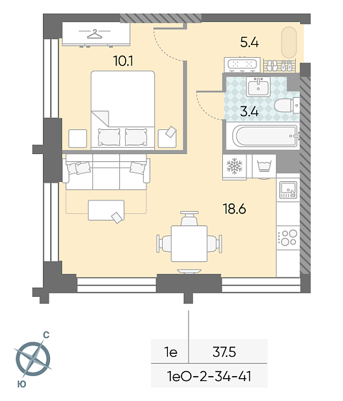 студия, 37.5 м², 37 этаж 