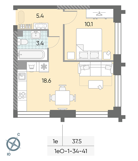 студия, 37.5 м², 38 этаж 