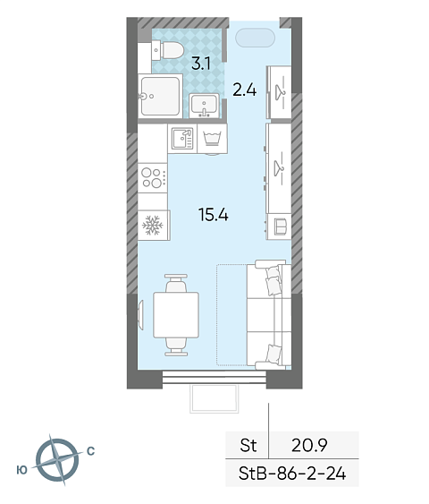 студия, 20.9 м², 24 этаж 
