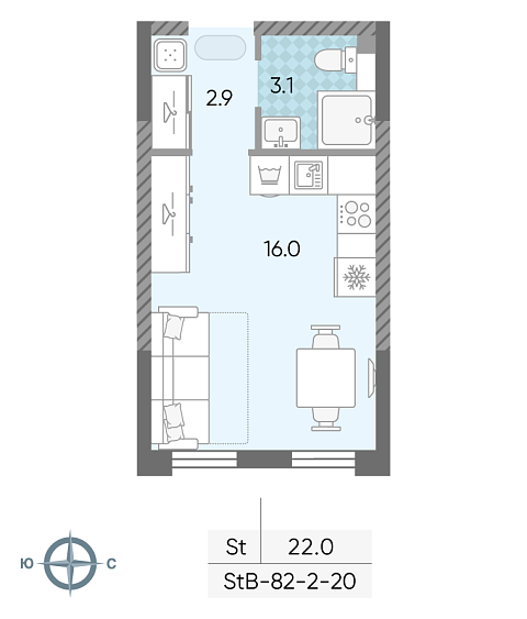 студия, 22 м², 20 этаж 