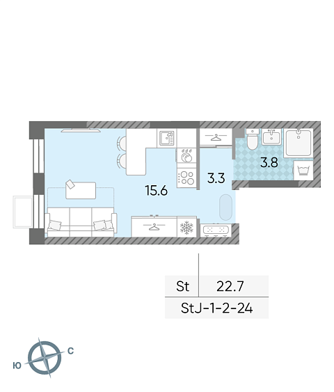 студия, 22.7 м², 24 этаж 