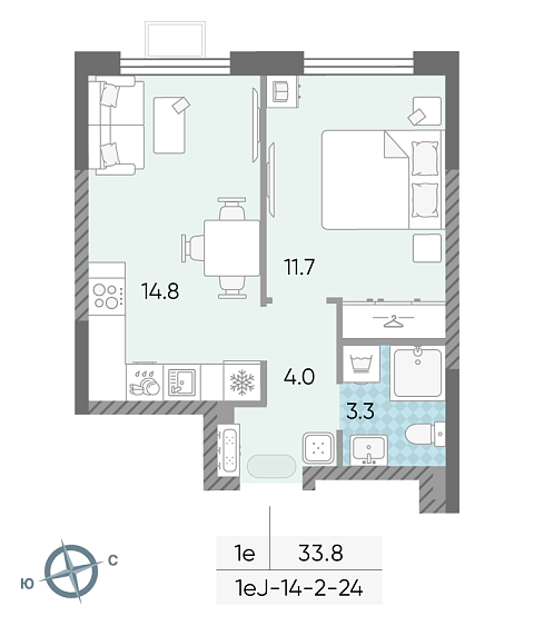 студия, 33.8 м², 22 этаж 