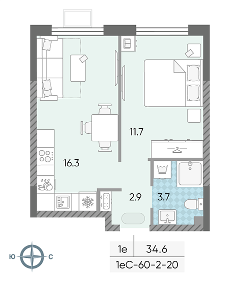 студия, 34.6 м², 20 этаж 