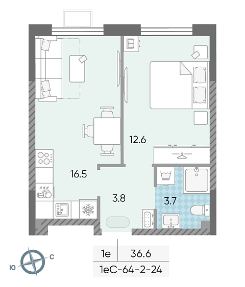 студия, 36.6 м², 19 этаж 