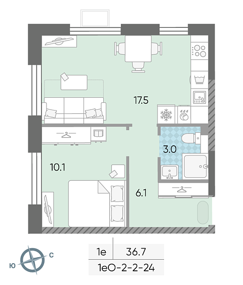 студия, 36.7 м², 18 этаж 