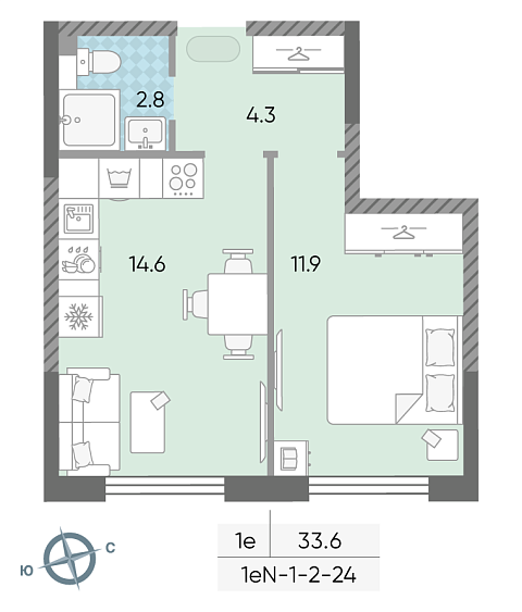 студия, 33.5 м², 24 этаж 