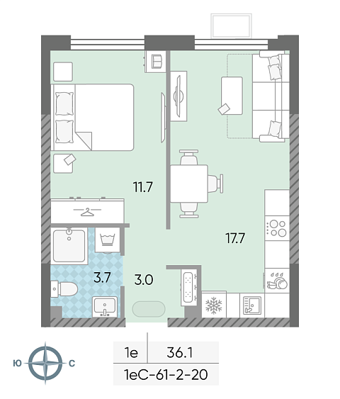 студия, 36.1 м², 20 этаж 