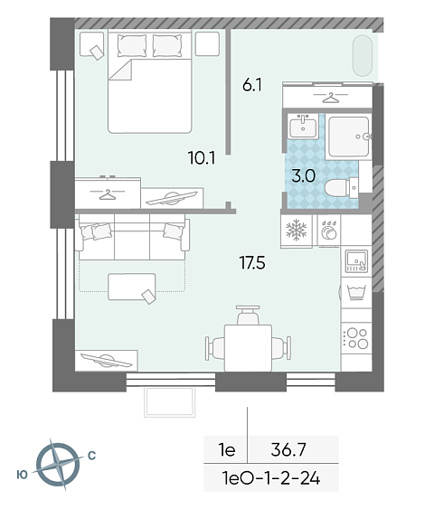 студия, 36.7 м², 22 этаж 