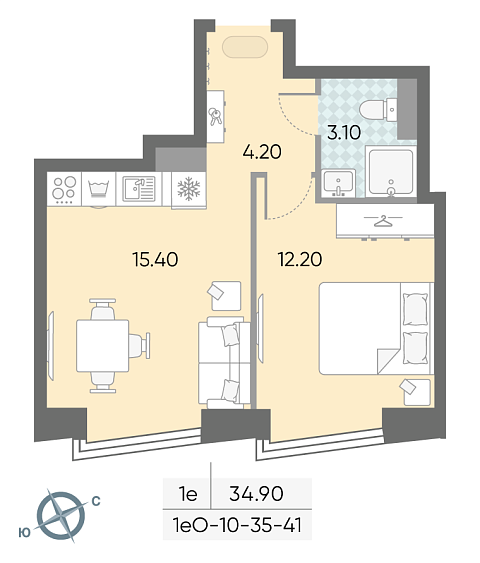 студия, 34.9 м², 40 этаж 