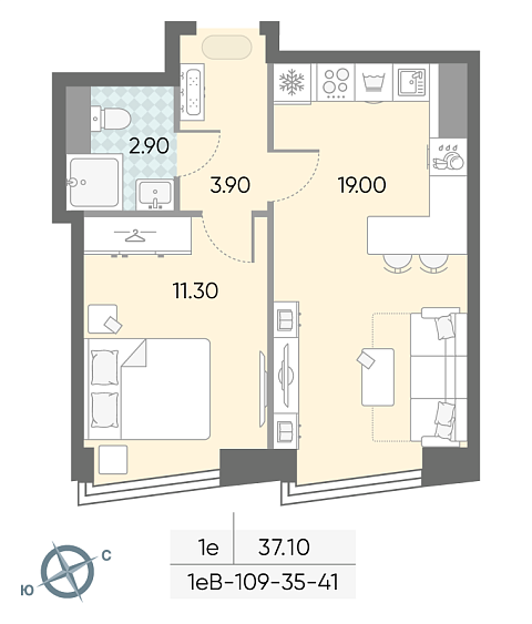 студия, 37.1 м², 37 этаж 