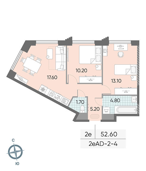 1 комн. квартира, 52.6 м², 4 этаж 