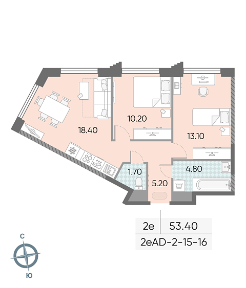 1 комн. квартира, 53.4 м², 15 этаж 