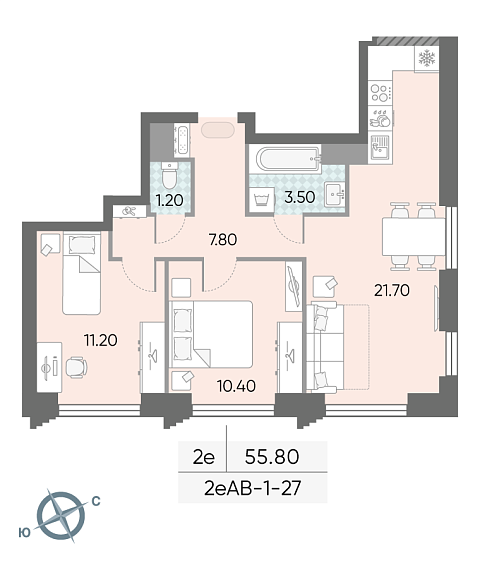 1 комн. квартира, 55.8 м², 27 этаж 