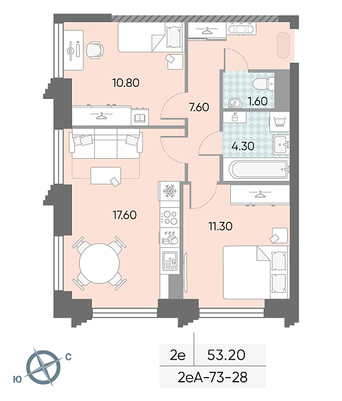 1 комн. квартира, 53.2 м², 28 этаж 