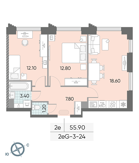 1 комн. квартира, 55.9 м², 24 этаж 