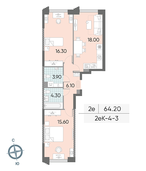 1 комн. квартира, 64.2 м², 3 этаж 