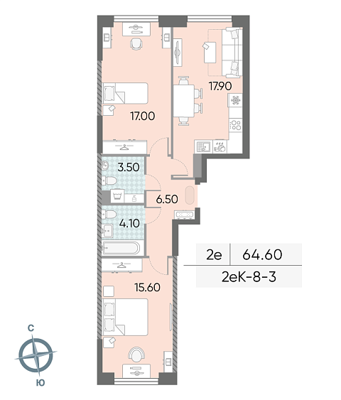 1 комн. квартира, 64.6 м², 3 этаж 