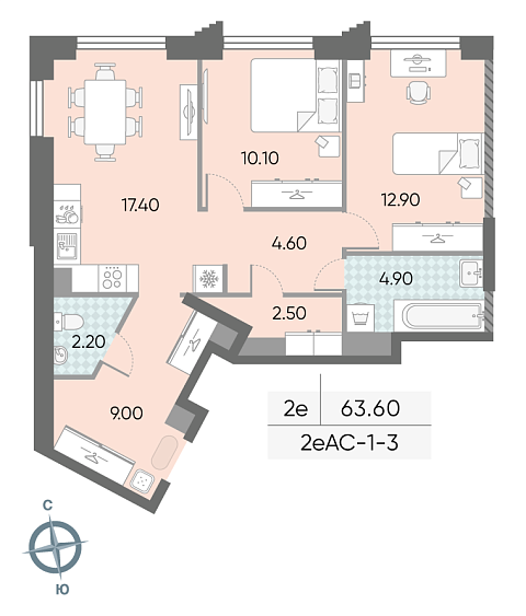 1 комн. квартира, 63.6 м², 3 этаж 