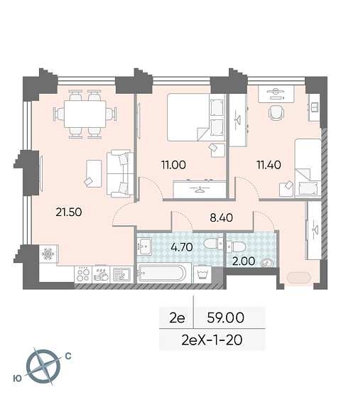 1 комн. квартира, 59 м², 20 этаж 